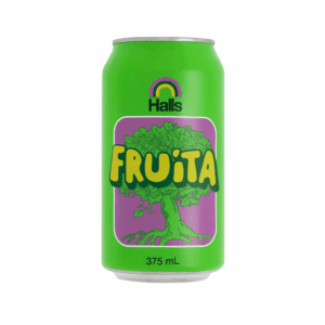 A vibrant green 375 mL aluminum can of Halls Fruita lies horizontally against a crisp white background. The can features a bold purple label with the word "FRUITA" in large yellow letters and an illustration of a leafy green tree. The brand name "Halls" is printed vertically on the left side of the can.