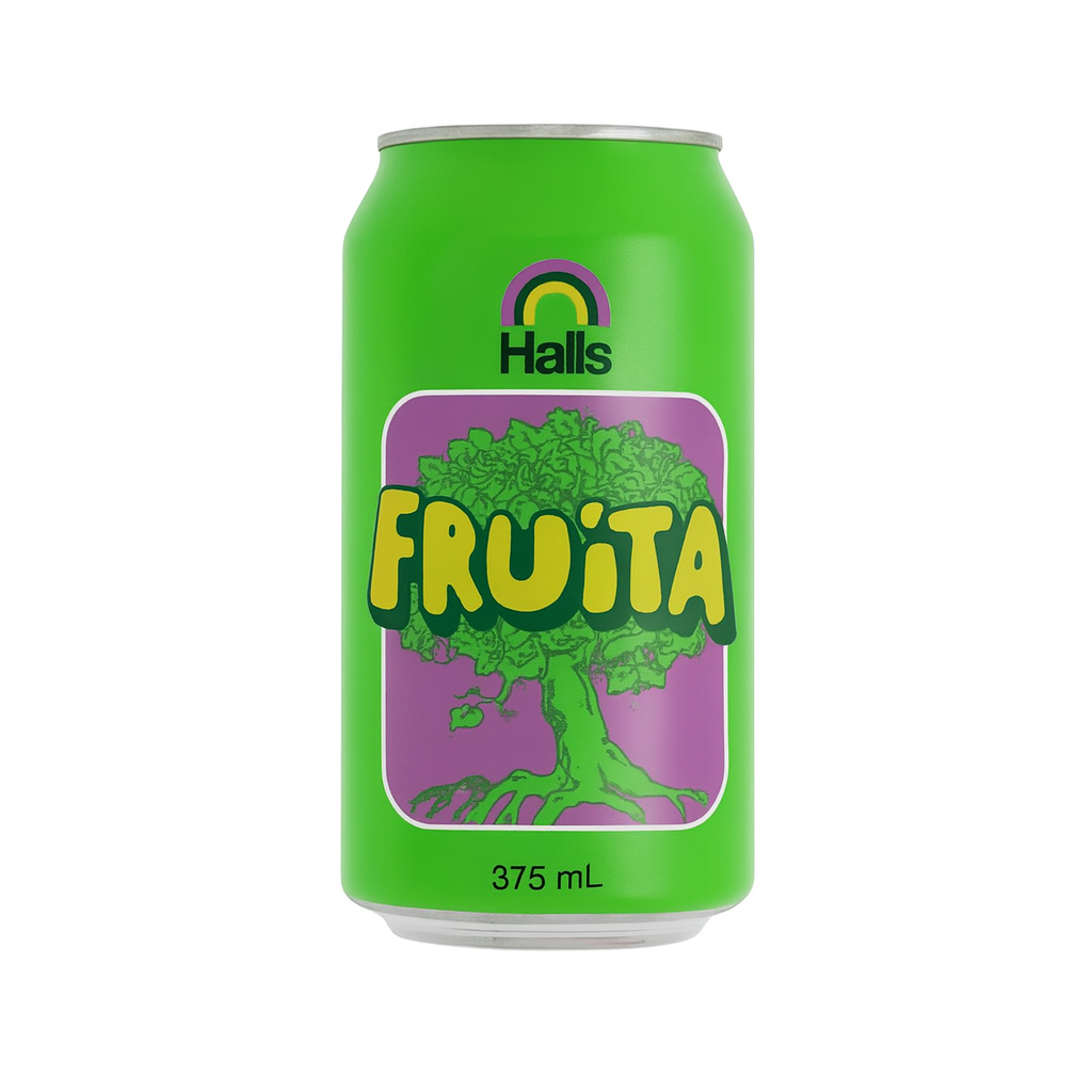A vibrant green 375 mL aluminum can of Halls Fruita lies horizontally against a crisp white background. The can features a bold purple label with the word "FRUITA" in large yellow letters and an illustration of a leafy green tree. The brand name "Halls" is printed vertically on the left side of the can.